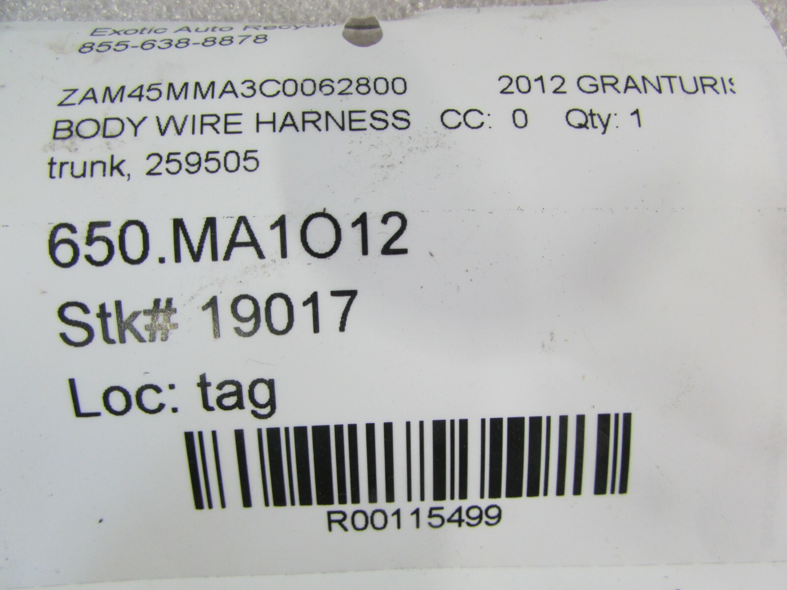 Maserati Granturismo, Trunk Wire Harness, Used, P/N 259505