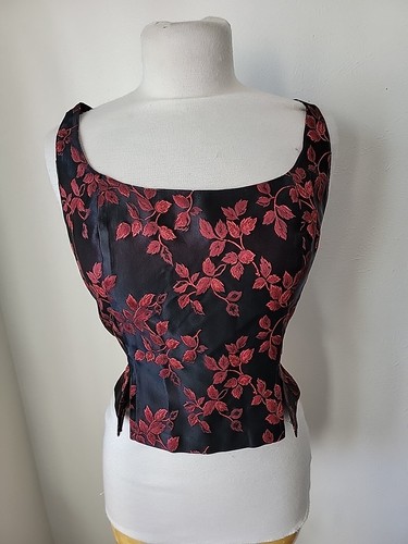Vtg XOXO Corset Tank Top Juniors Large Black Floral Red Back Zip Gothic Fairy