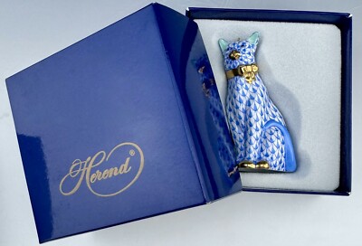   MINT in BOX HEREND Cat with Bow ORNAMENT Blue Fishnet Figurine 1st Ed