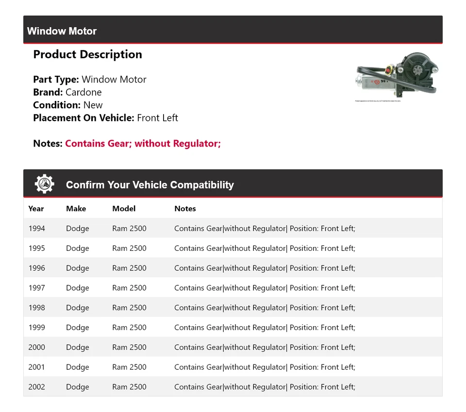 Para Dodge Ram 2500 1994-2002 Motor Ventana Delantero Izquierdo Cardone 1995 1996 1997 1998 Foto 2 de 4