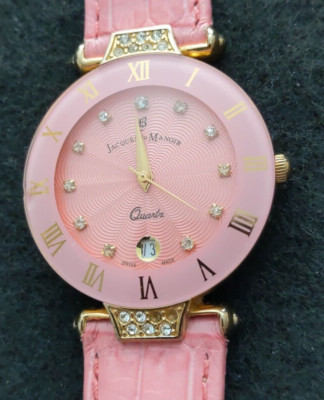 Jacques Du Manoir Gold Case Pink Dial Pink Leather Strap Ladies Date Watch