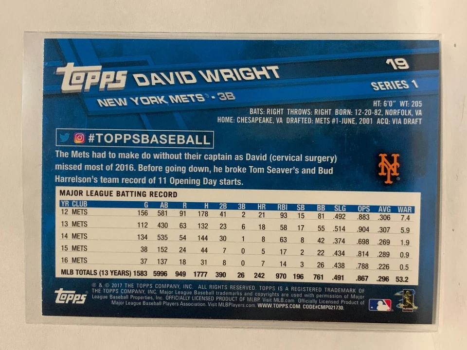 #19 David Wright New York Mets 2017 Topps Series One Baseball Card - Image 2 of 2