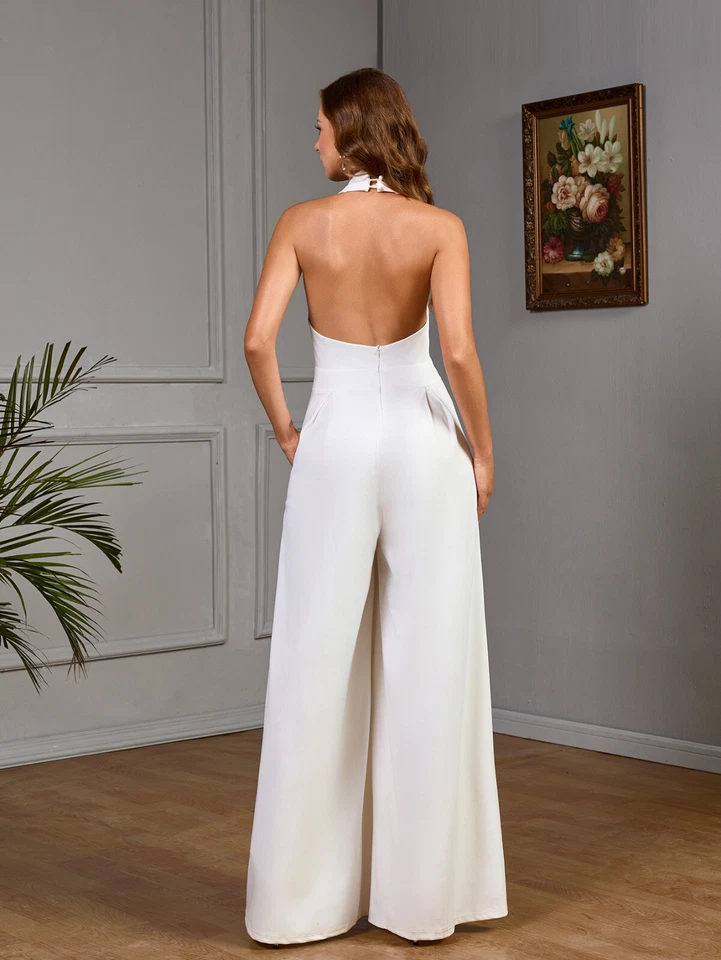 Damen Neckholder Overall Jumpsuit Hose weiß Sexy rückenfrei Brautkleid QC746 - Bild 4 von 4
