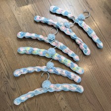 Set of 6 Crochet Clothes Hangers Pastel Blue Pink White Pompom Vintage Granny