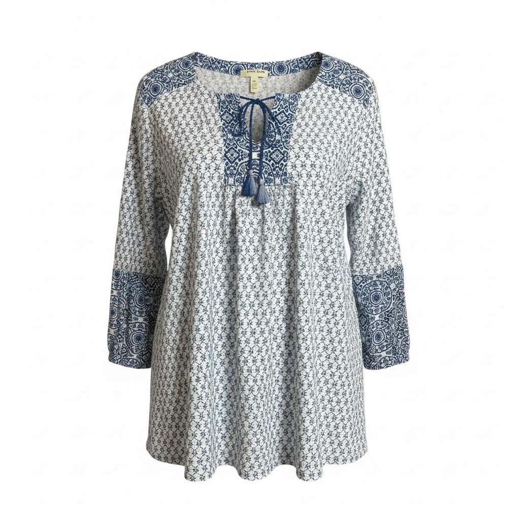 Anne Klein XL Blue White Geometric Medallion Tunic Tassel Tie Blouse Boho