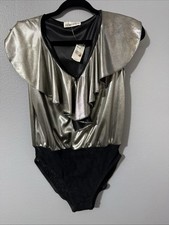 Vtg Women’s Bodysuit M Metallic Liquid One Piece Rockabilly Glam Lace Ruffle 90s