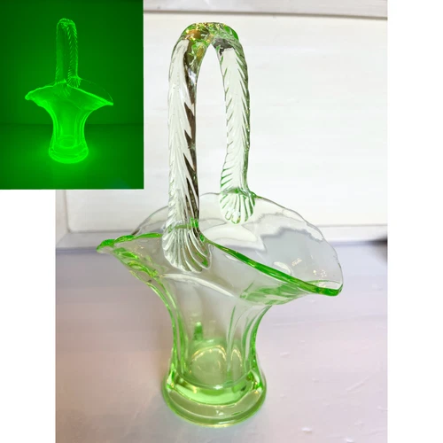 Uranium Glass Basket with Braided Handle Vintage Fenton 9” Tall Glows