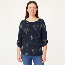 Loft Womens Shirt Small Black Blue Floral Pullover Round Neck Roll Tab Sleeves