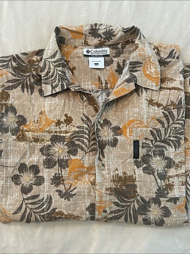 Columbia Sportswear Men's XL Hawaiian Shirt Cotton Short Sleeve Tan Floral Camp