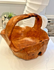 Natural Burl Wood Basket w/Handle Carved Live Edge Medium Rustic 9.5"x9"