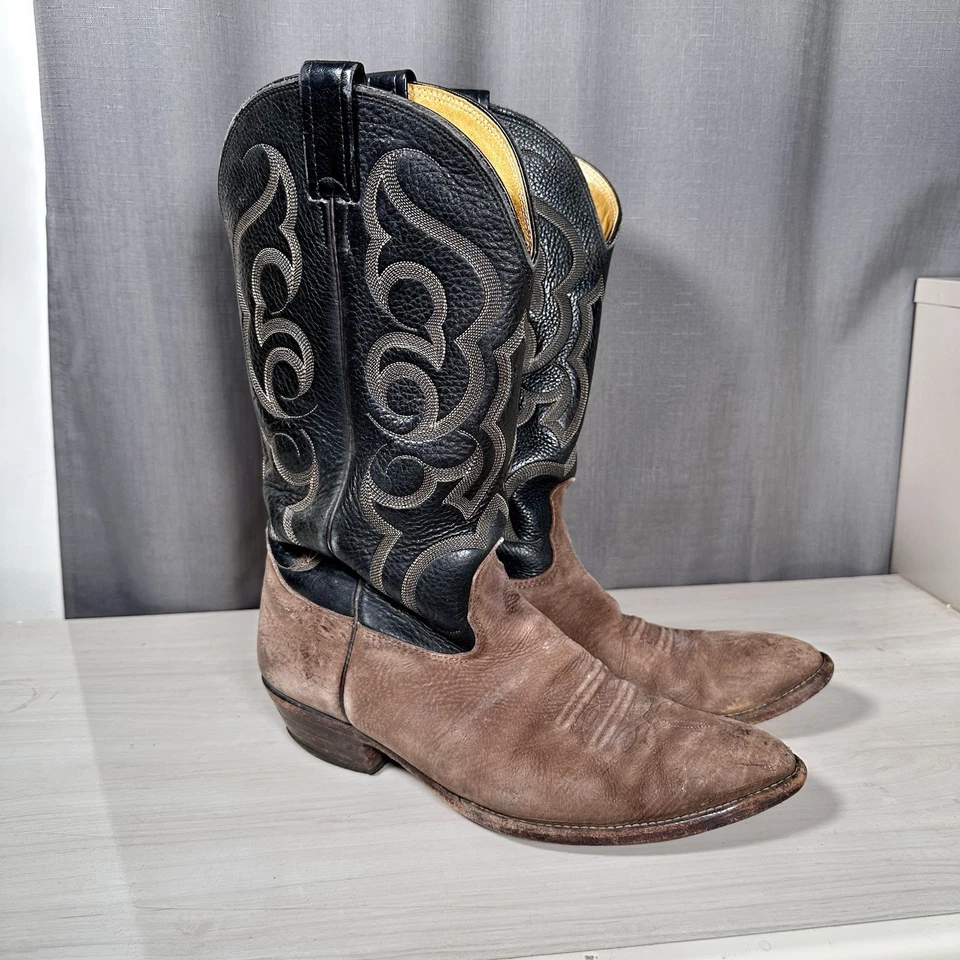 Botas de Vaquero Occidentales Nocona Para Hombre Cuero Negro/Marrón Talla 11 Hechas en EE. UU. DE COLECCIÓN Foto 4 de 4