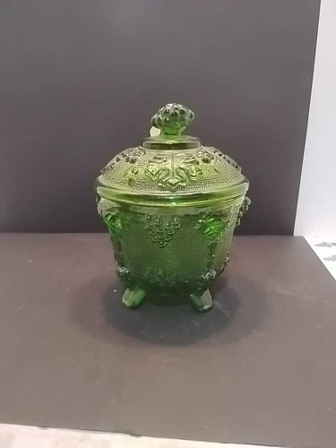 Vintage Jeanette Four Footed Green Grape Leaf Glass Candy Dish With Lid
