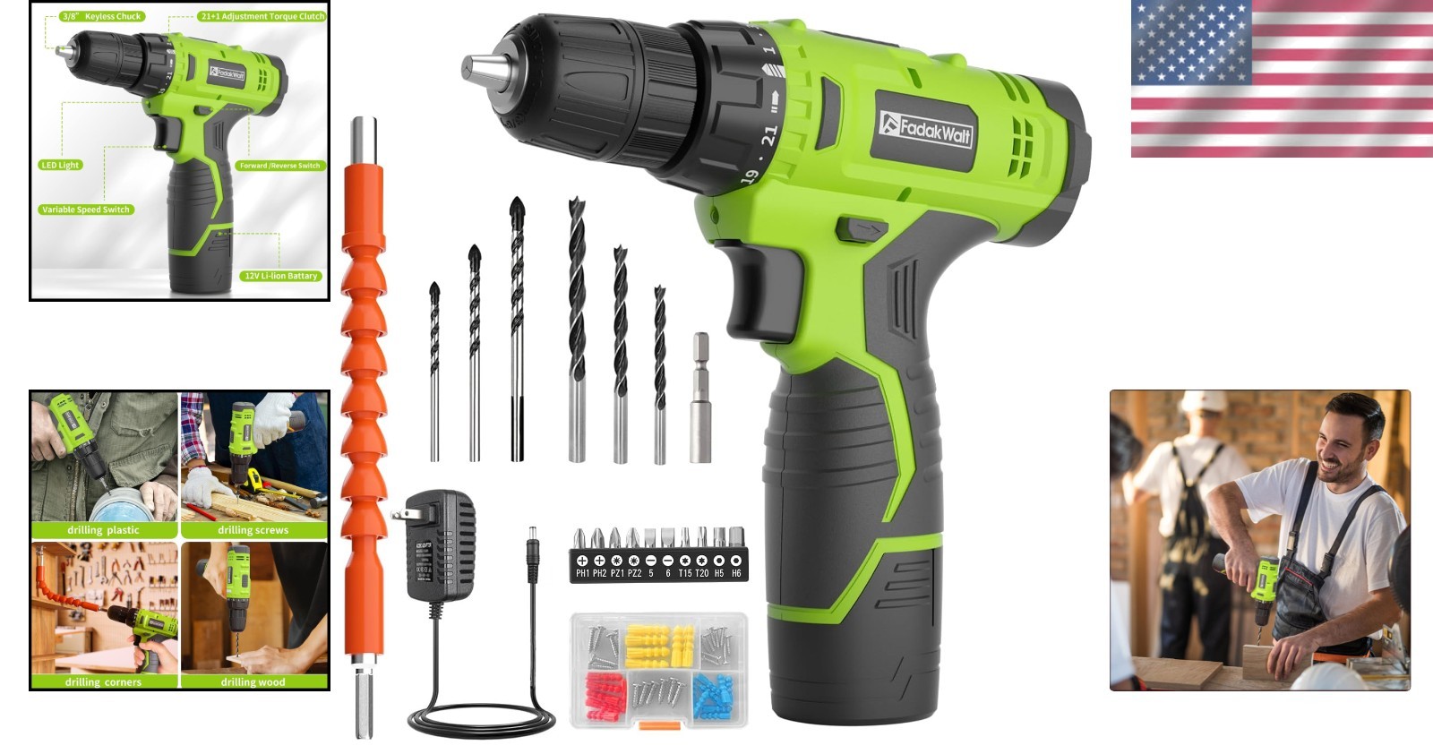 12V Cordless Drill Set with 180 in-lbs Torque, LED Light & Accessories - Green