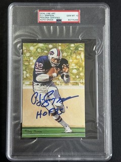 O.J. Carta Simpson BILLS firmata autografo linea obiettivo art con "HOF 85" PSA 10 AUTO