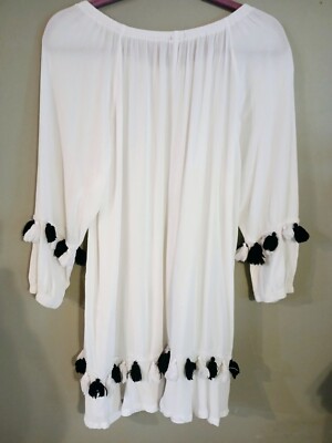Calstyle White/ Black Tassel Flowy Off-The-Shoulder Festival Mini Dress -  sz L | eBay