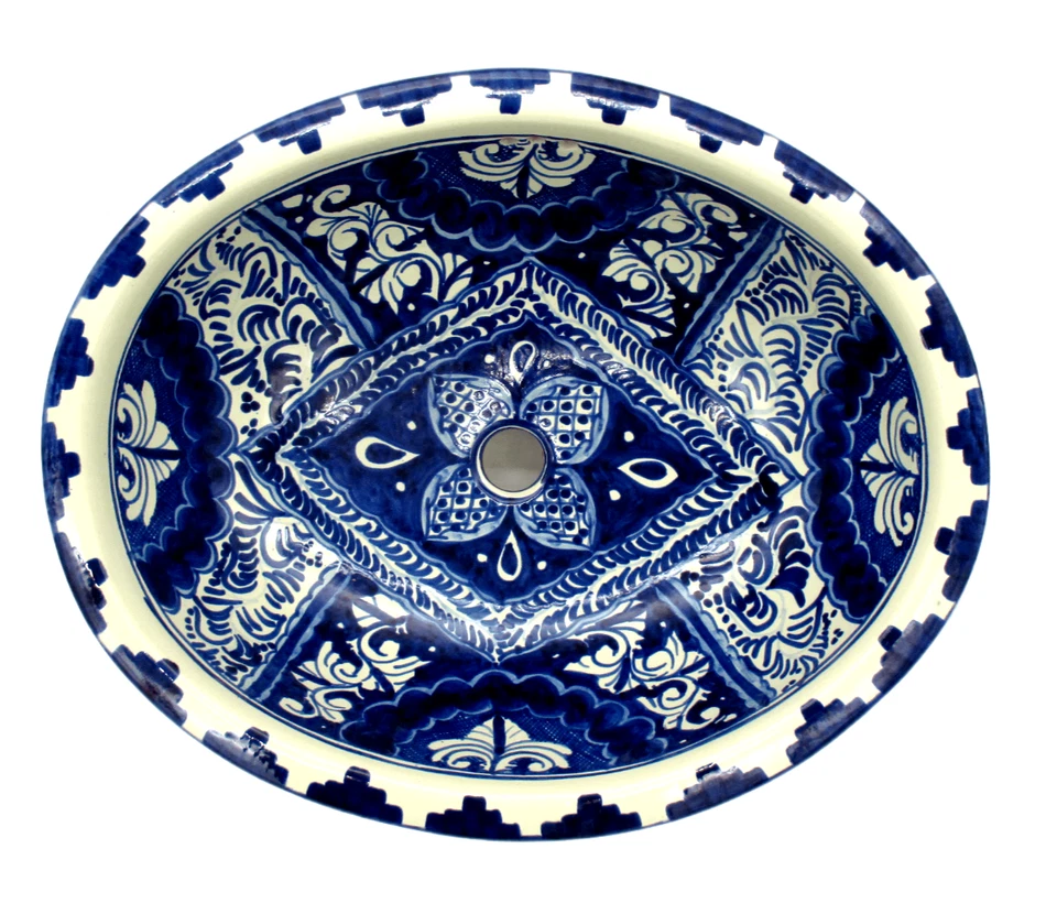 Fregadero de baño de cerámica Talavera cerámica mexicana azul caída X grande ovalado de colección 21" Foto 4 de 4