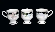 3 Sango SYMPHONY Pastel Iris Footed Pedestal Mugs Black Trim UNUSED HTF DISC
