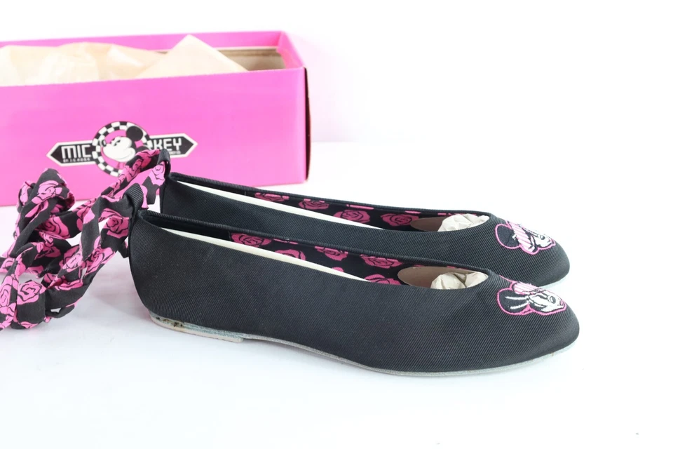 Nuevo de Lote Antiguo Años 90 Disney Mujeres 7 Tobillo Envoltura Mickey Mouse Ballet Zapatos Planos Negros Foto 4 de 4