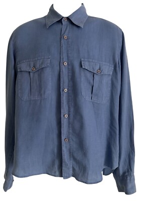 Vilebrequin Mens Shirt Blue 100% Linen Long Sleeve Button Button Flap Pockets M
