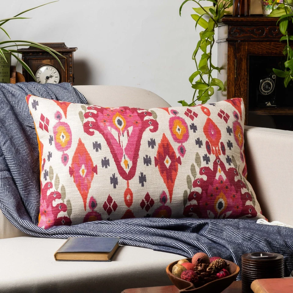 Heavyweight Linen-blend Morrocan Ikat XL Rectangle Cushion, Pink/Orange. 23x15" - Image 4 of 4