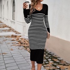Women Stripe Knit Long Sleeve Dress V-neck Bodycon Slim Midi Ribbed Sexy Fashion