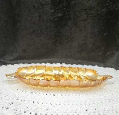 Vintage Iridescent Amber Glass Leaf Pattern Celery/Relish Dish 11''
