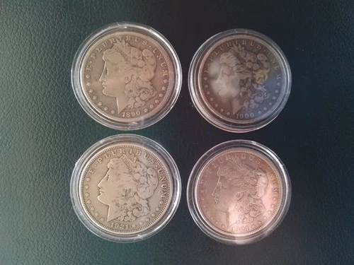 Morgan Silver Dollars Lot 1890, 1900, two 1921 $1 Coins 0.9 Fineness Circulated
