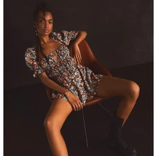 Free People Show Me Love Linen Blend Floral Romper Puff Sleeve Pockets Medium