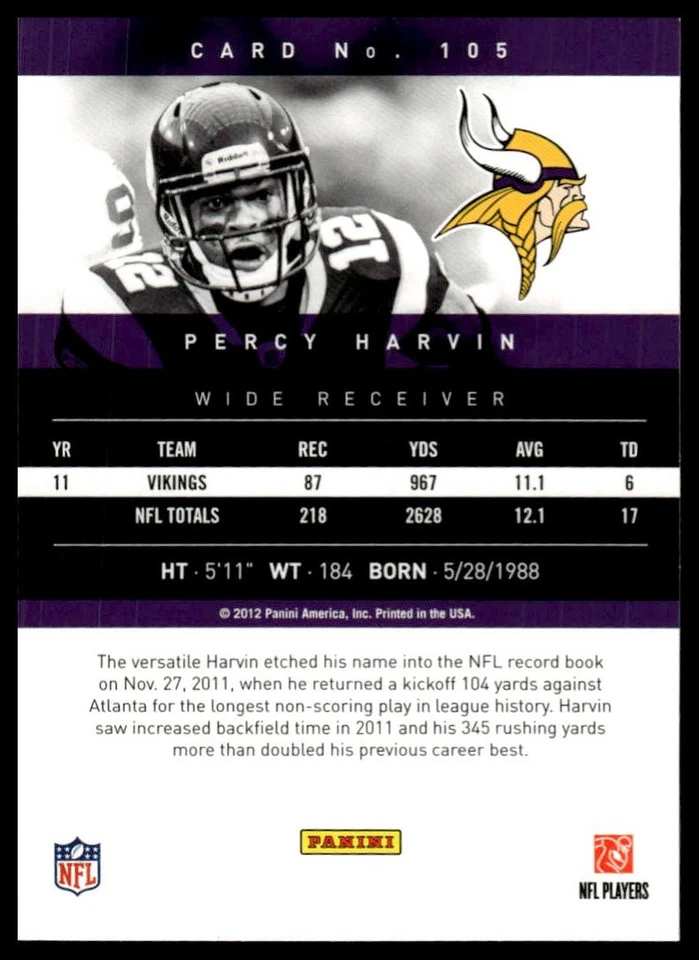 2012 Panini Prestige #105 Percy Harvin [GOATCARDS] - Image 2 of 2