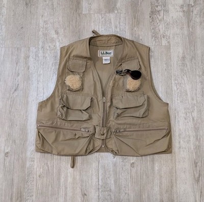 Vintage LL Bean Fly Fishing Vest Mens Medium Tan Full Zip Pockets Distressed 