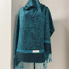 NEW Vintage Pashmina Cashmere Wool Silk Paisley Fringe Wrap Scarf Turquoise Teal