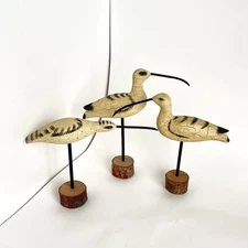 3 Carved Shorebirds Beach Long Beak Crackle Paint Wood Stand Heritage Mint Ltd