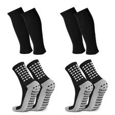 2 Set Grip Soccer Socks with Shin Guard Sleeves Non Slip Soccer 2 Set (Black)