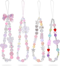 Pink Beaded Phone Wrist Strap with Y2K Aesthetic Charm and Keychain Lanyard