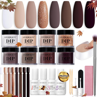30Pcs Dip Powder Nail Kit Starter, 8 Colors Fall Nude Brown Glitter Purple Nude 