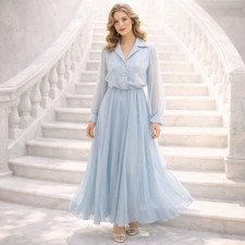 VTG 70s Jack Bryan Sky Blue Pleated Chiffon Maxi Dress Poet Sleeve Goddess 10