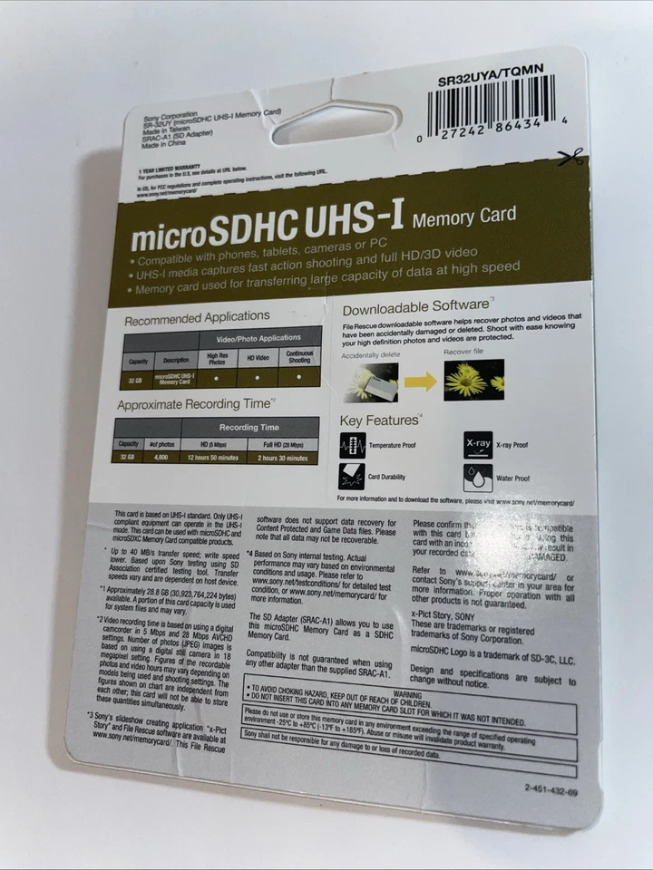 Sony 32GB, High Speed 40MB/s - microSDHC UHS-I DSLR Memory Card New In Package - Image 2 of 4