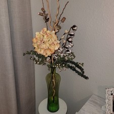 Artificial Hydrangea Flower Arrangement in Clear Green Glass Vase