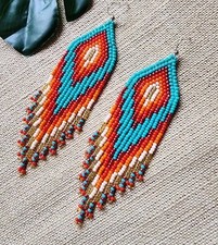 Tribal Earrings Native Large Boho American Seed Beads Handmade Earring