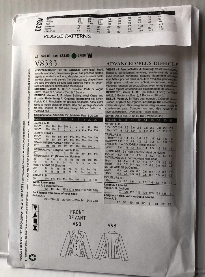 Vogue 8333 Misses Claire Shaeffer Couture Jacket Pattern Size 6-8-10 Uncut - Image 2 of 2