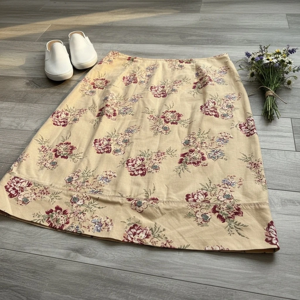 Eddie Bauer Linen Cotton Floral Skirt 10 Peach Tan Cottagecore # ZZ