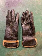 Vintage Brown Wrist Gloves with Beige Trim Faux Leather Knit Lining Size 6.5-7 