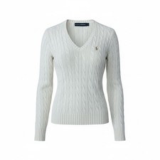 Vintage Ralph Lauren Cable Knit Sweater Ivory V Neck Pony Logo Cotton M