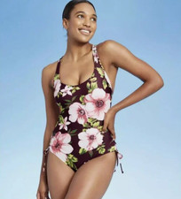 Kona Sol Burgundy Floral Print Side-Cinch Classic One Piece Swimsuit XS