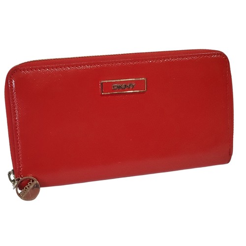 DKNY Sutton Wallet Glossy RED Textured Leather Full Zip Accordion Clutch 7.5"x4"