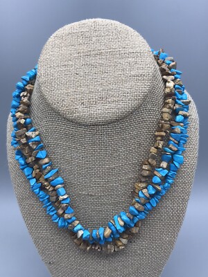 Esmore Necklace Multi Strand Natural Chip Stone Aqua Brown Statement Piece 20''