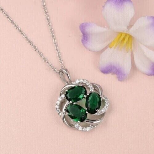 3.5CT Oval Cut Lab Created Emerald Women's Wedding Pendant 14K White Gold Finish - Picture 1 of 5