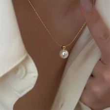 Woman 18K Gold Plated Golded Bead Ball Pearl Charm Necklace Chain