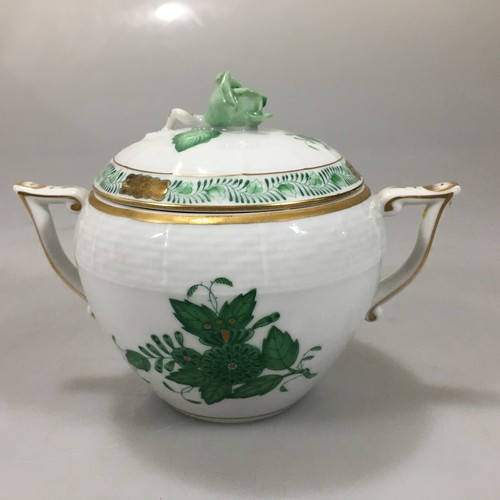 Herend Chinese Bouquet Green Sugar Bowl Rose Lid Apponyi Flowers Porcelain Vint