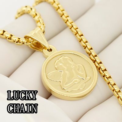 Large Long Round Angel Pendant Necklace STAINLESS STEEL GOLD